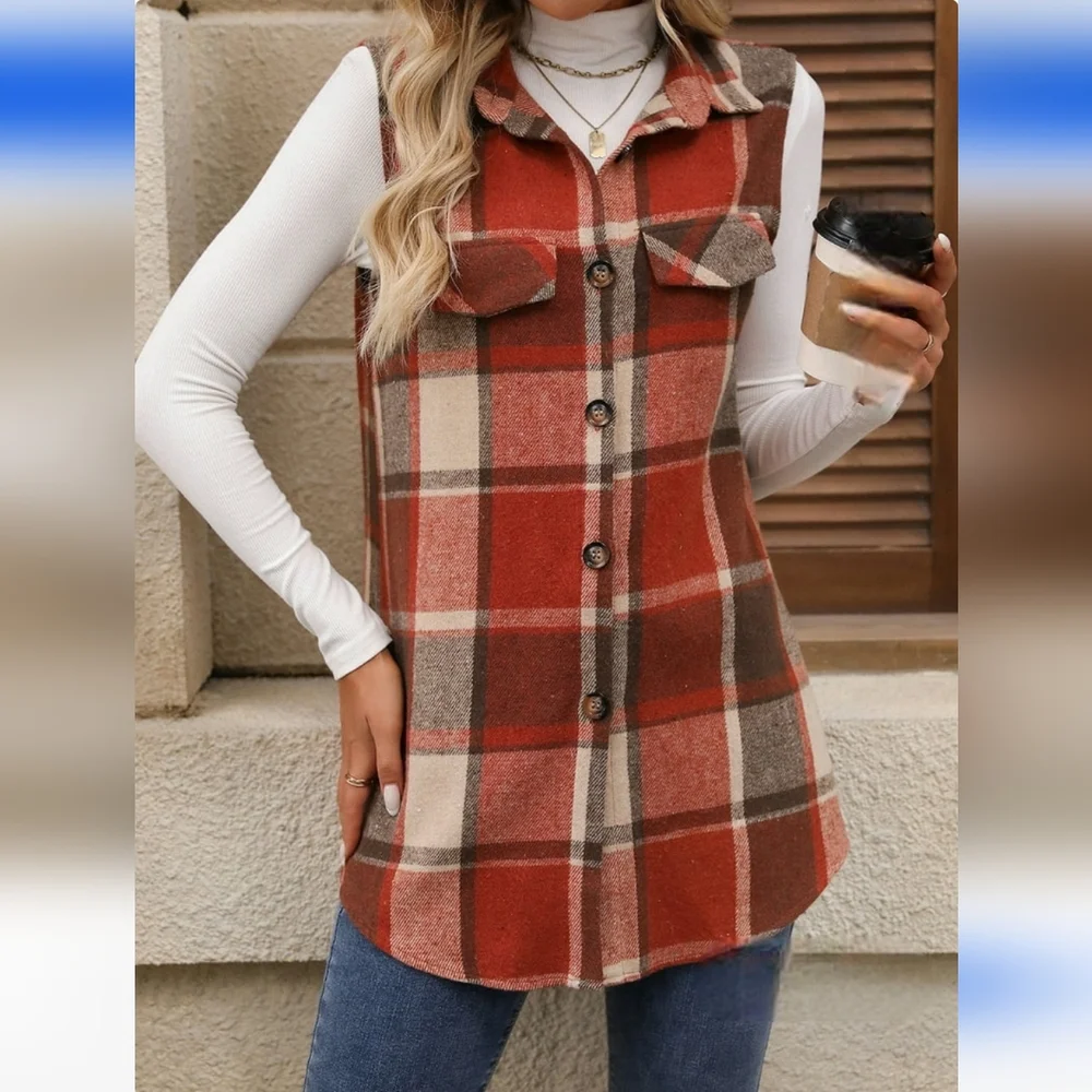 PRECIOUS Plaid Sleeveless Shirt/Vest/Shacket In Burnt Orange/Brown/Tan - Picture 3 of 5